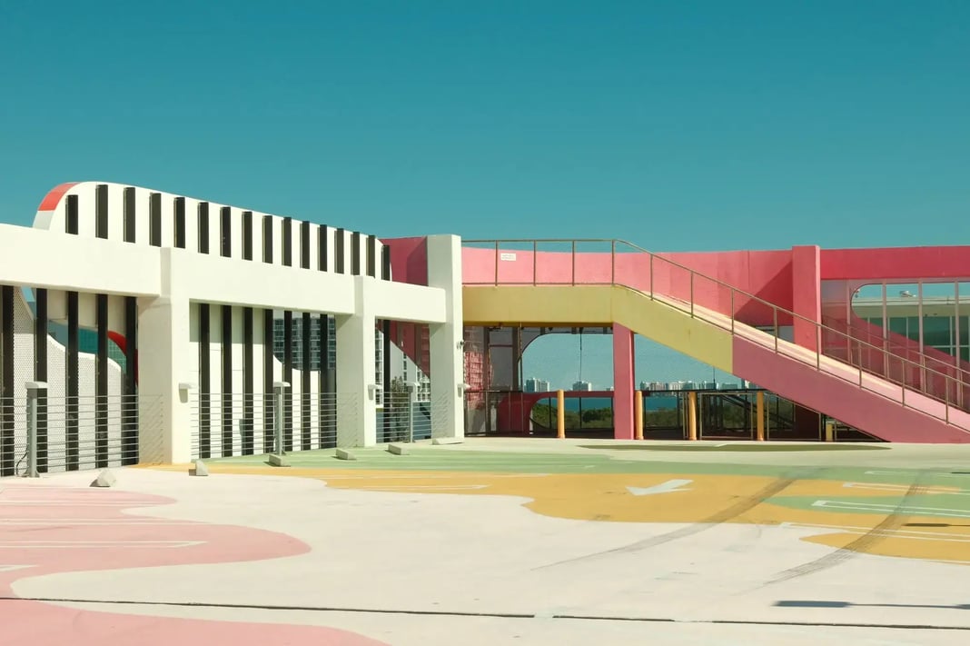 Colorful rooftop with pastel hues and modern architecture under a clear sky in Miami