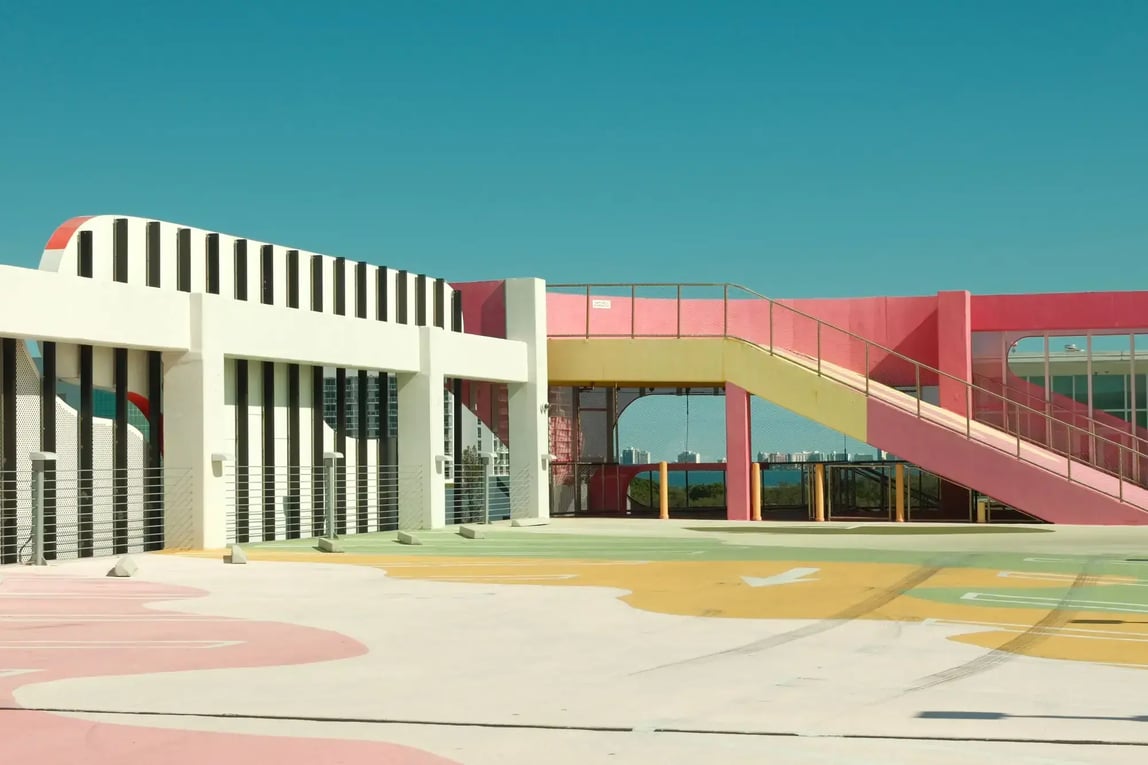 Colorful rooftop with pastel hues and modern architecture under a clear sky in Miami