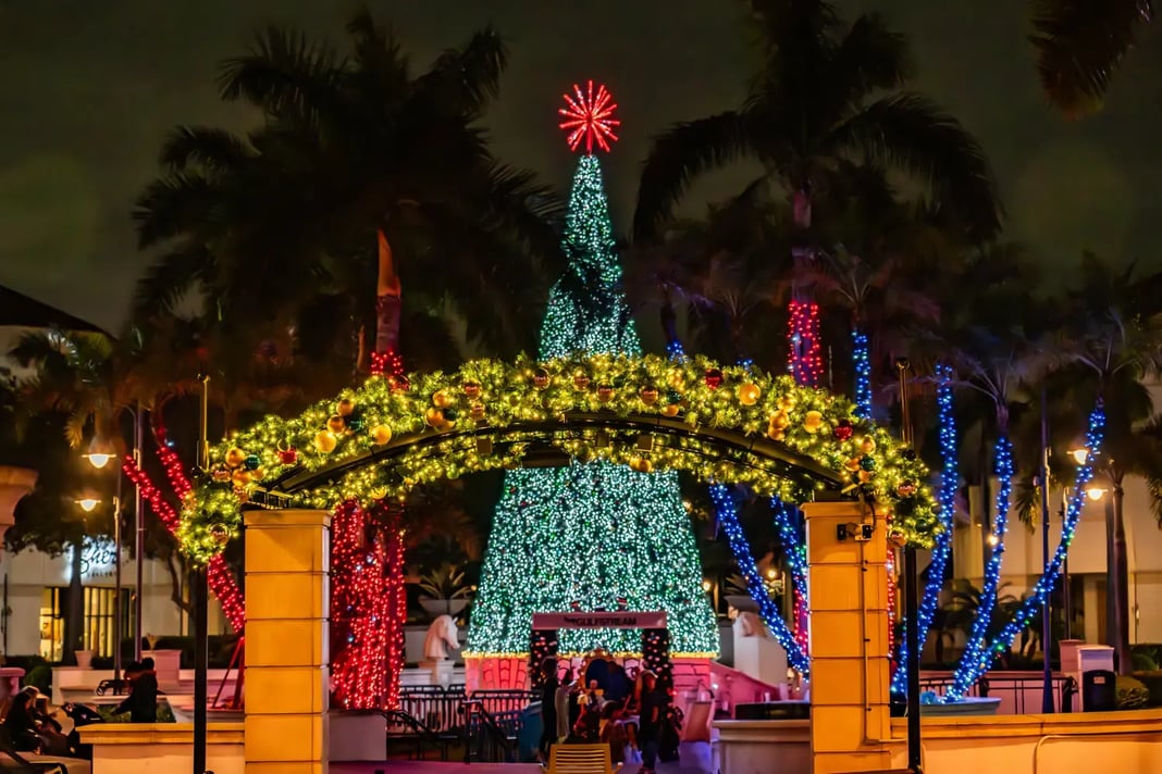 Festive outdoor Christmas display with a large illuminated tree, palm trees wrapped in red and blue lights, and an archway decorated with golden ornaments and garlands at night.