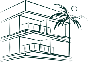 A simple line drawing of a two-story building with a palm tree and the sun.