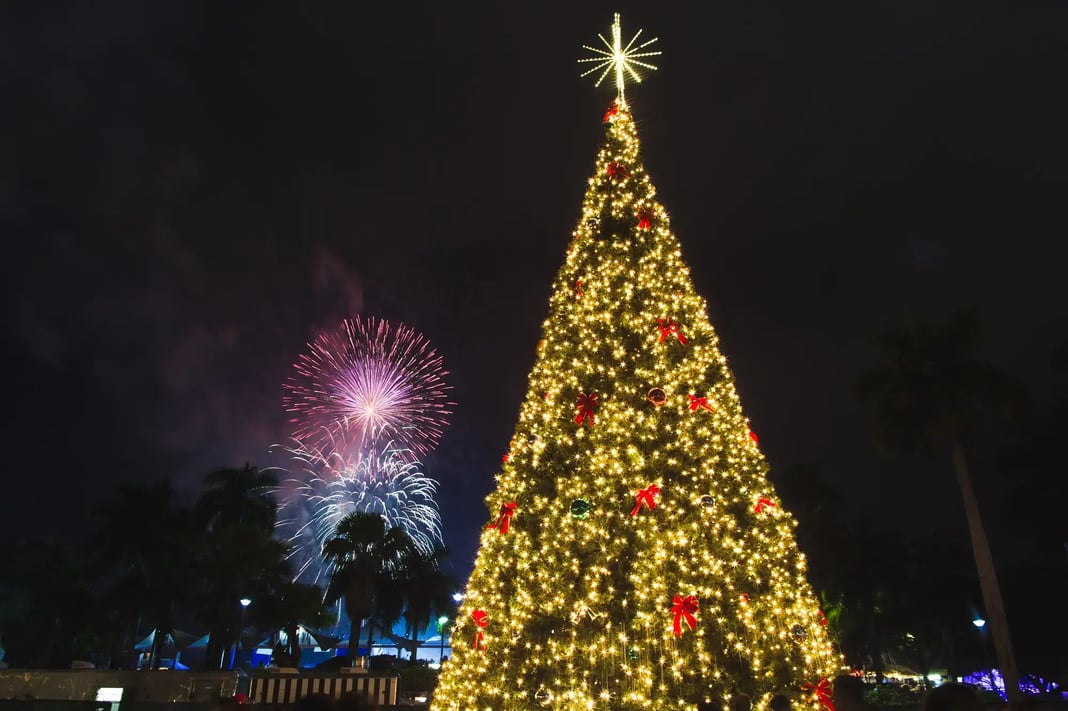 A large Christmas tree covered in golden lights and red bows stands outdoors at night, with colorful fireworks exploding in the sky behind it.